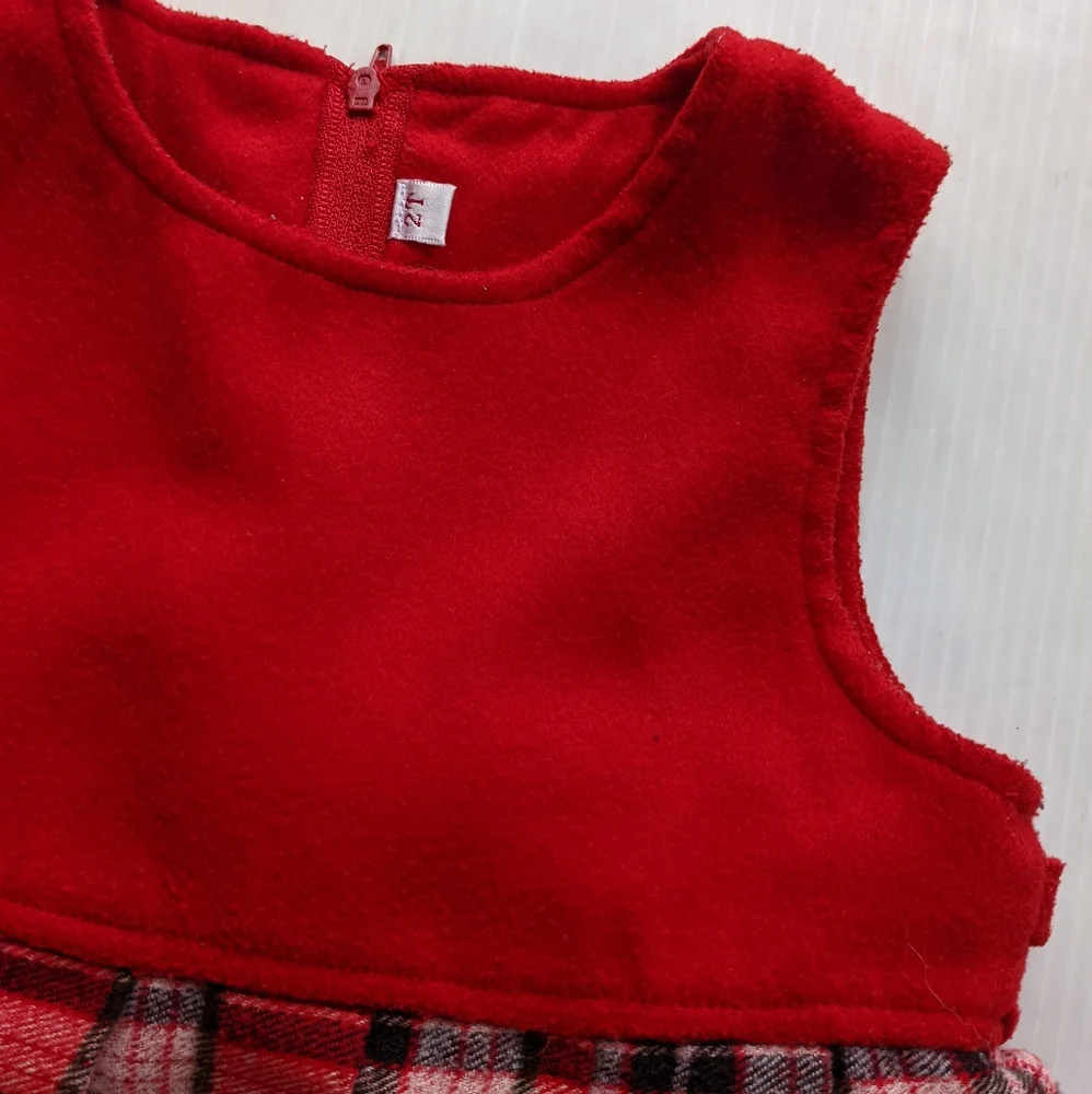 VINTAGE toddler girls red Christmas plaid pleated overall pinafore dress